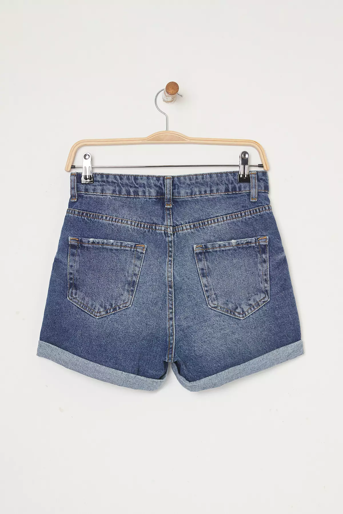 Dark Blue High Waist Fold-Over Mini Denim Shorts TWOSS25SR00170