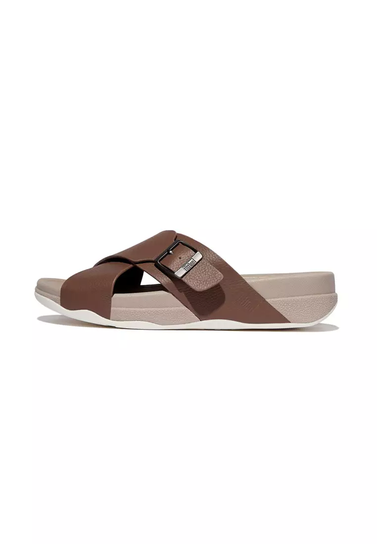 Surfer Mens Buckle Tumbled-leather Cross Slides