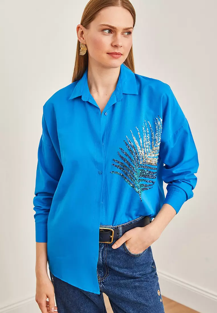 Palm Sequin Detailed Oversize Woven Poplin Shirt