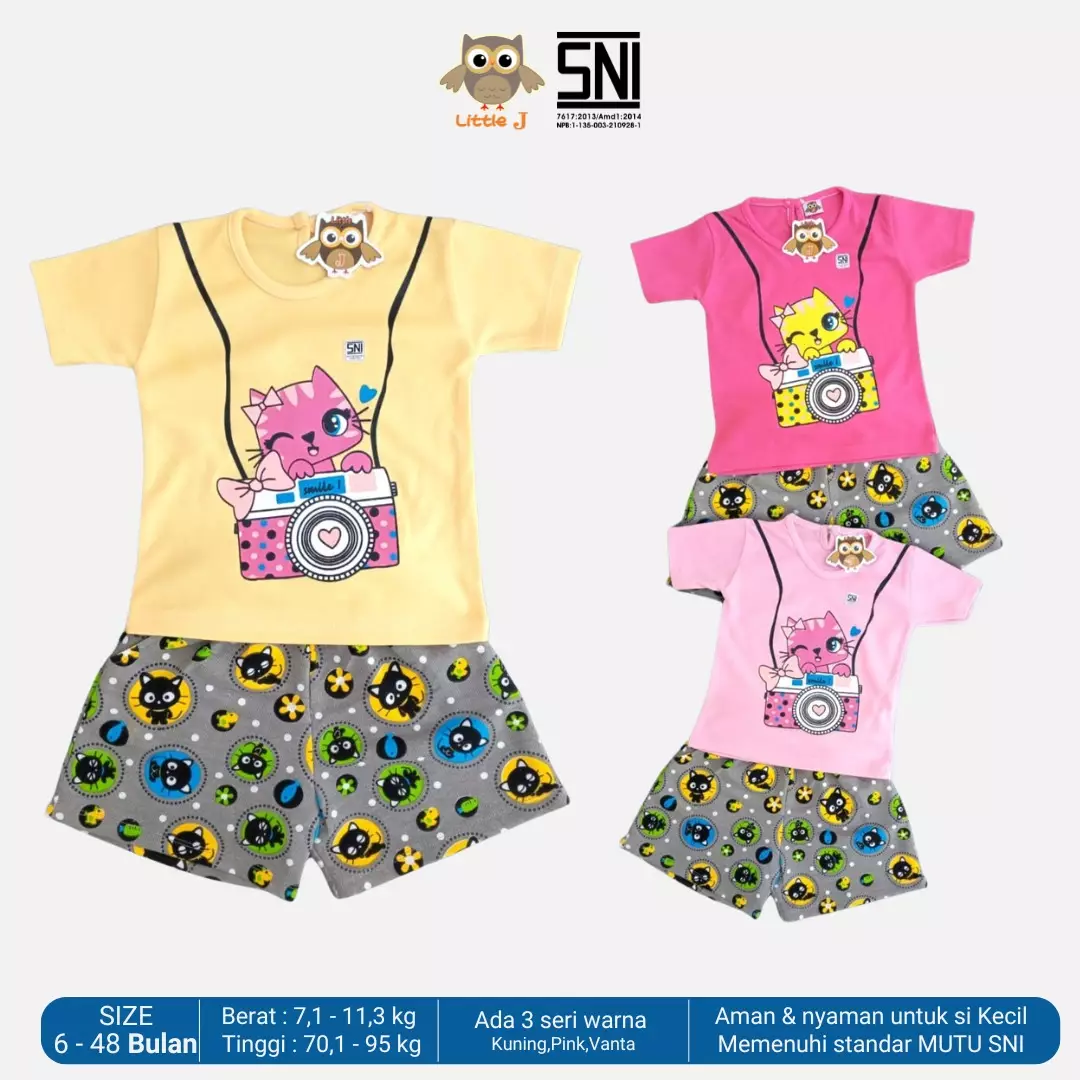 Little J Setelan Baju Anak Cewek Oblong Lengan Pendek Kaos Polos Set Celana Motif Usia 6 Bulan Hingga 48 Bulan