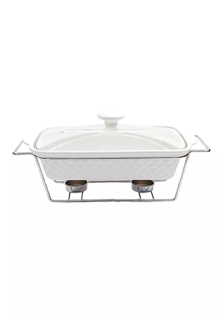 Premium Ceramic Rectangular Serving Dish with Glass Lid and Silver Plated  Metal Stand with Tealight Candle Holder 1000ml
