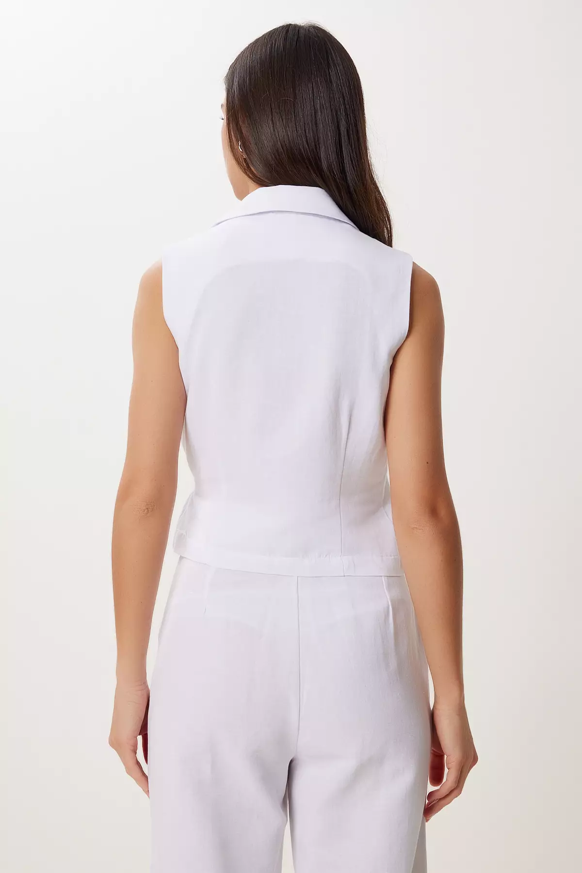 女士白色亞麻西裝連身褲套裝 Bv00127