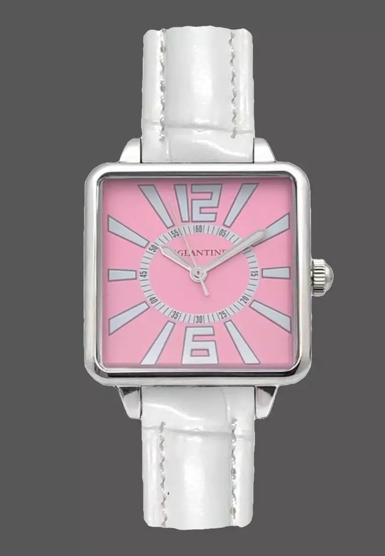 La Parisienne Steel Quartz Watch, Pink Dial, White leather Strap