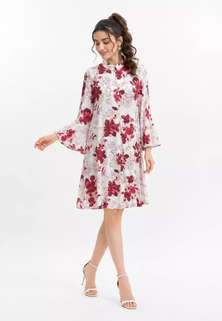 Tunik Wanita Rayon Putih Kerah Sanghai Kembang - Kembang Lengan Panjang Arlette By Brilliant Girl Warna Putih