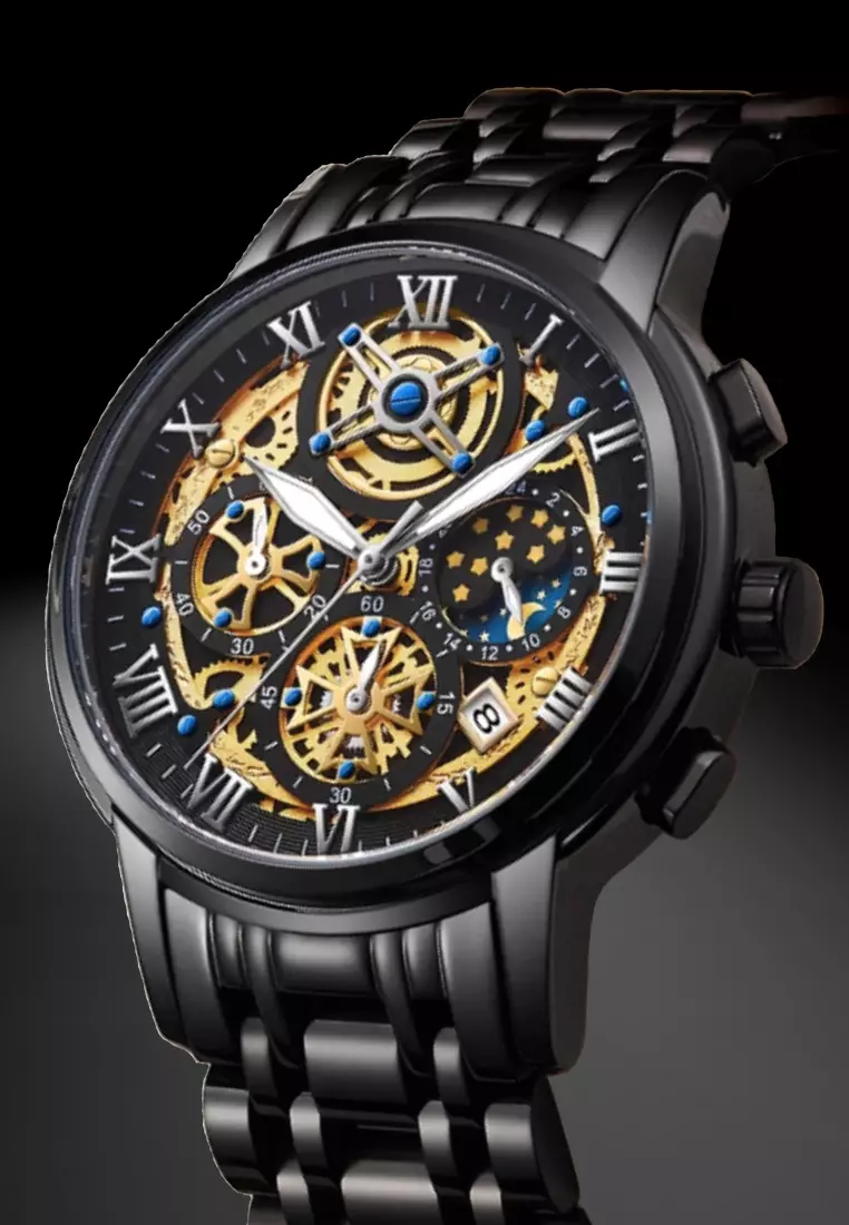 Skeleton Unisex IP Black Stainless Steel Chronograph Quartz watch 42mm on IP Black Steel Bracelet