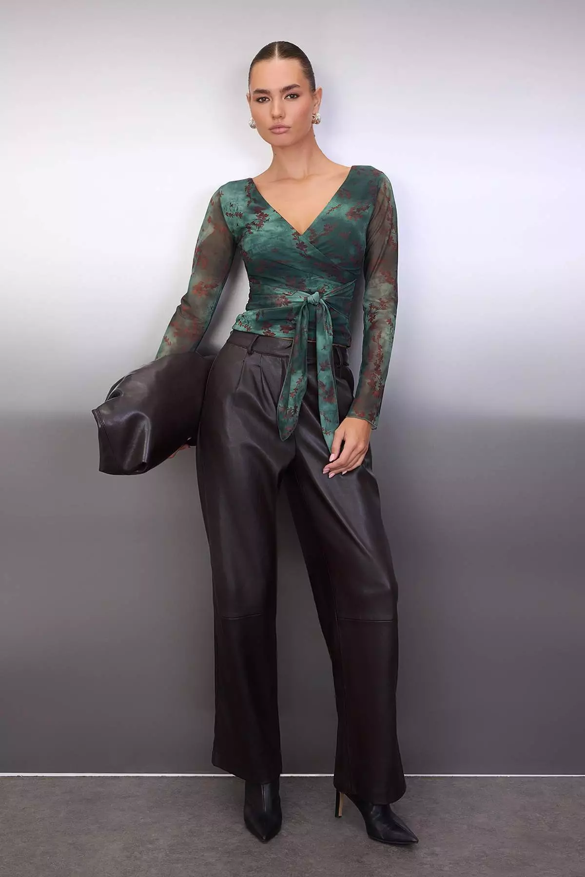 Khaki Abstract Floral Wrap Fitted/Fitted Tulle Knitted Blouse Twoaw26Bz226