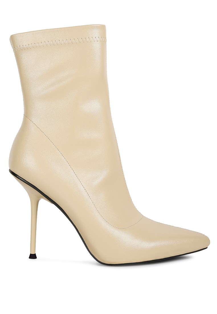 Beige High Pointed Heeled Ankle Boot