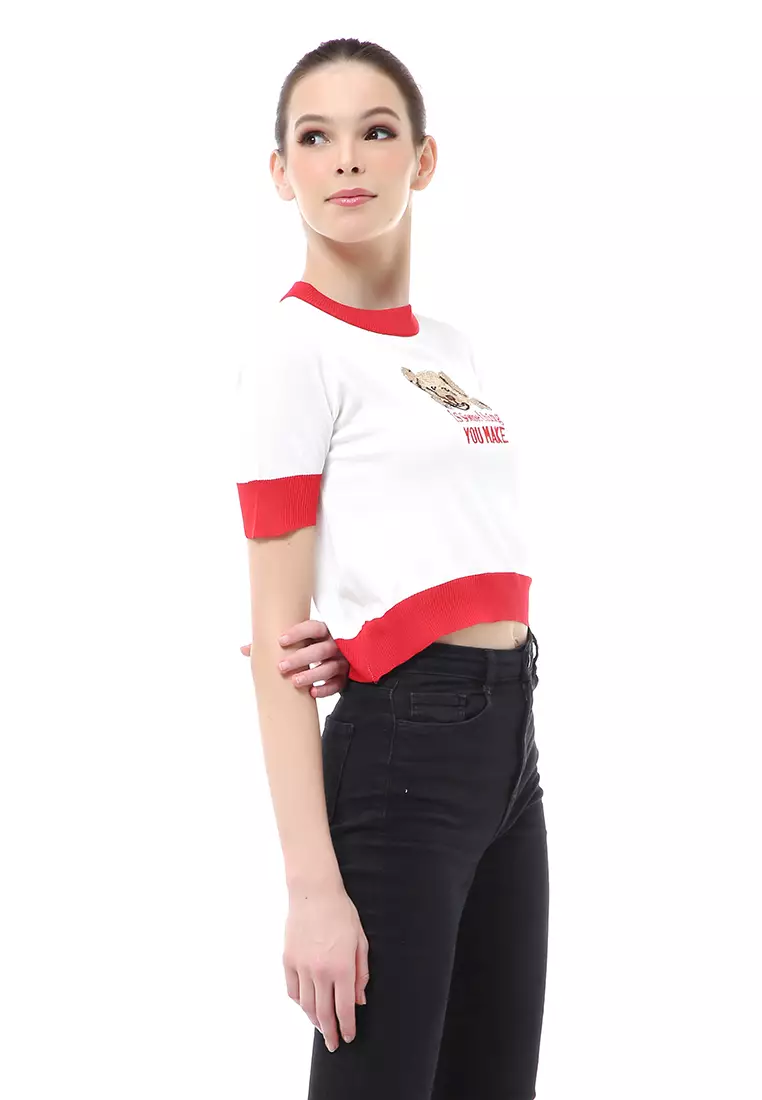 Cerise Kaos Crop Top Fashion Wanita Korean Style Short Sleeve Material Cotton ORIGINAL - White Red
