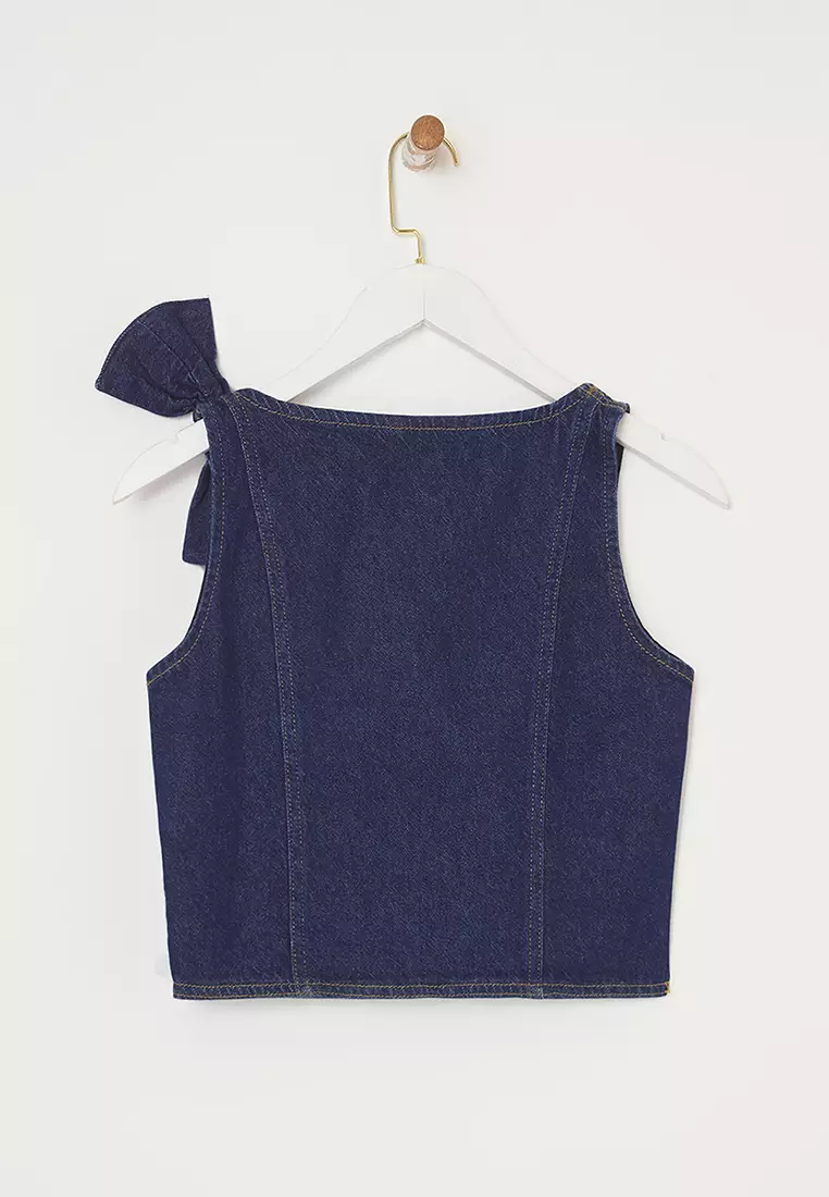 Dark Blue Ribbon/Bow Detail Cropped Denim Blouse TWOSS25BZ00476