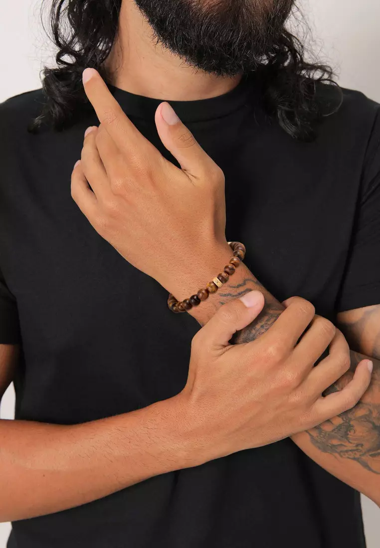 EXCLUSIVE Gelang Perhiasan Perak 925 Pria Tiger Eye Gold Plated