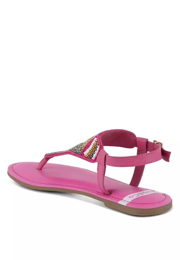 Sandal Datar dengan Gesper Pin dan Manik-manik Warna Fuchsia