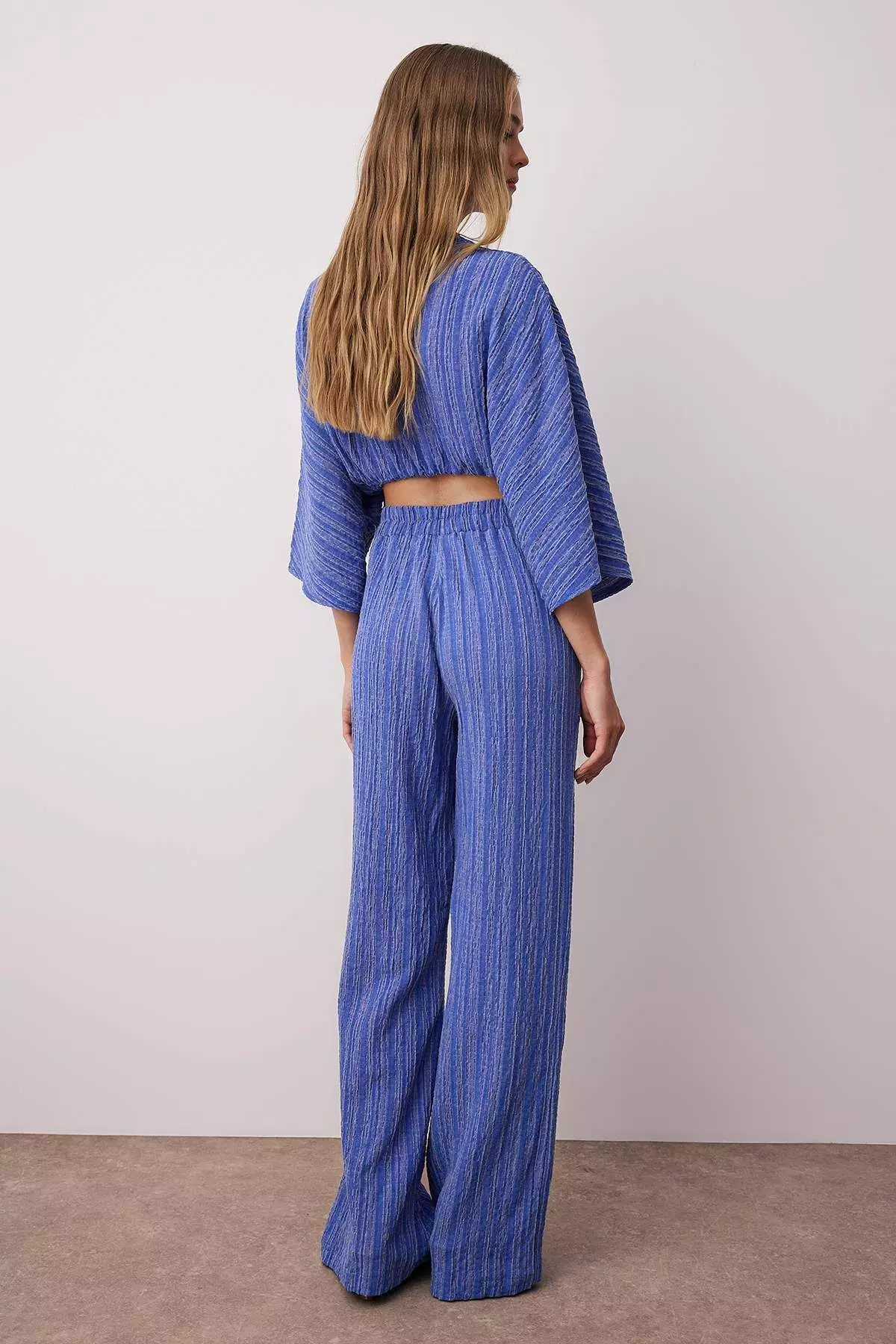 Blue Textured Flounced Blouse