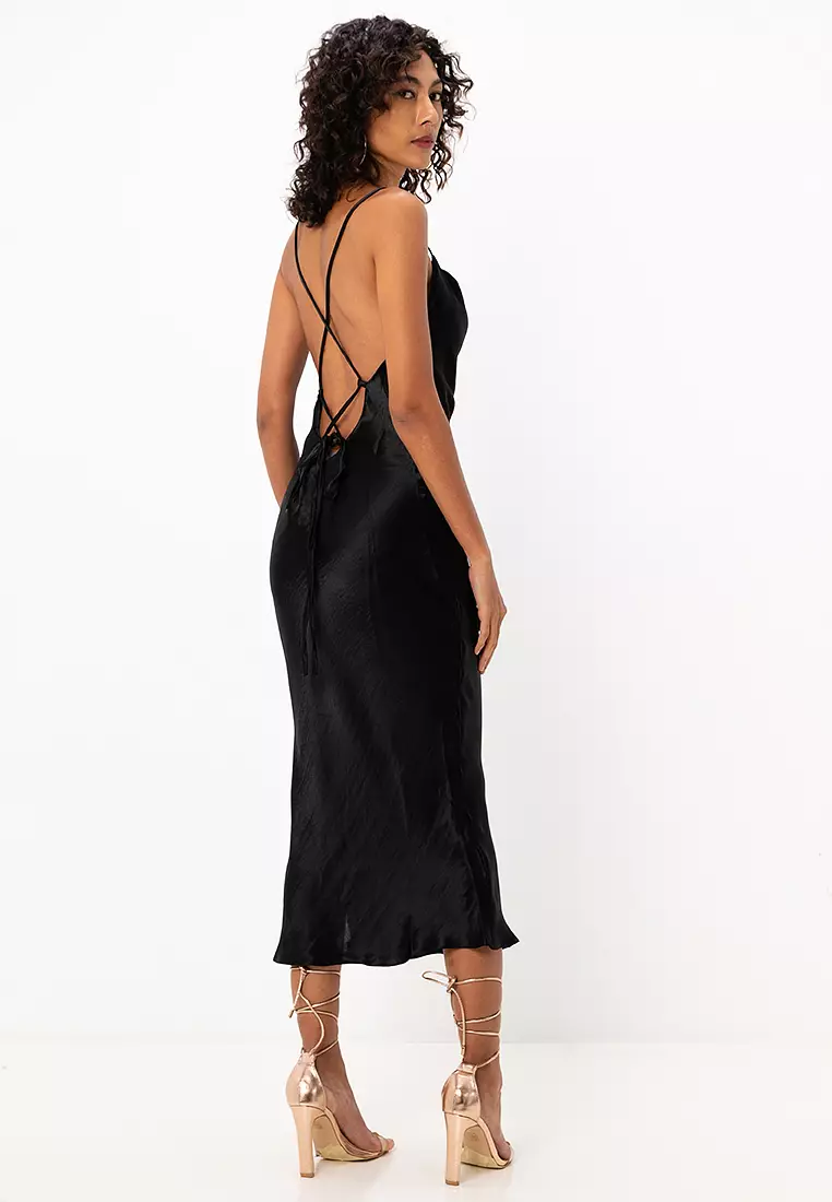 High Shine Satin Lace Up Back Midi Slip Dress