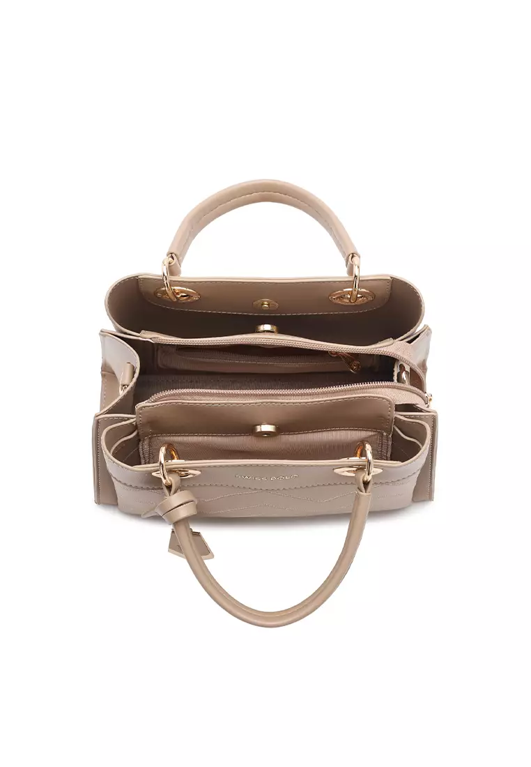 Women's Zig Zag Quilted Top Handle Bag / Crossbody Bag / Shoulder Bag - Beige