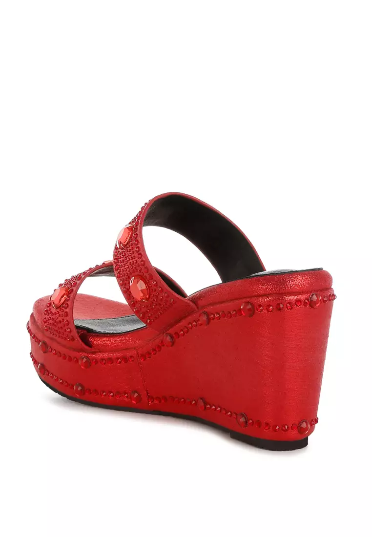 Rhinestone & Diamante Wedge Sandals in Red