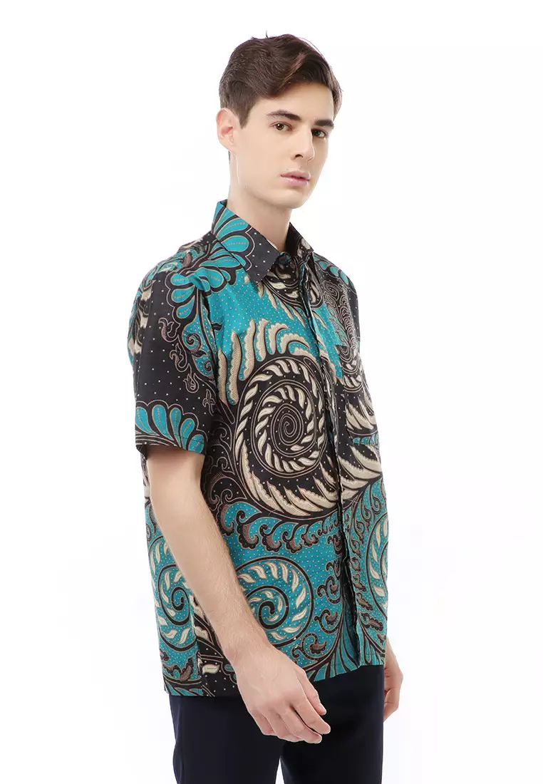 Kendrick Atasan Formal Kemeja Batik Pria Slim Fit Eye Motive Sleeve Material Cotton ORIGINAL - Blue