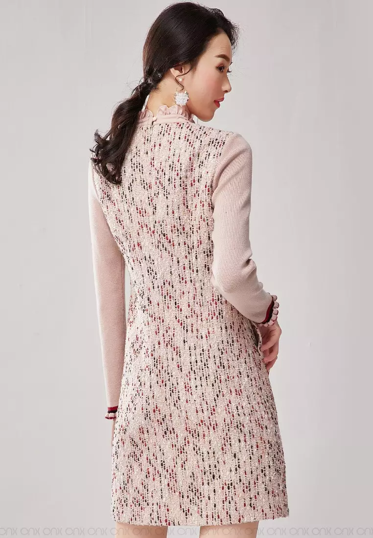 Fashion Lace Neck Woolen Long Sleeve Dress