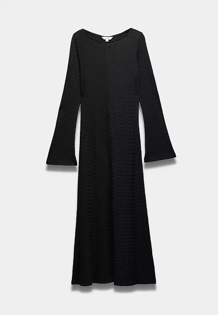 Textured Round Neck Midi Column Dress