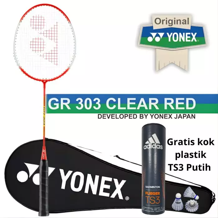 Paket Lengkap Pemula Raket Badminton Yonex GR303 Merah dan Shuttlecock Adidas TS3 Nylon Isi 6