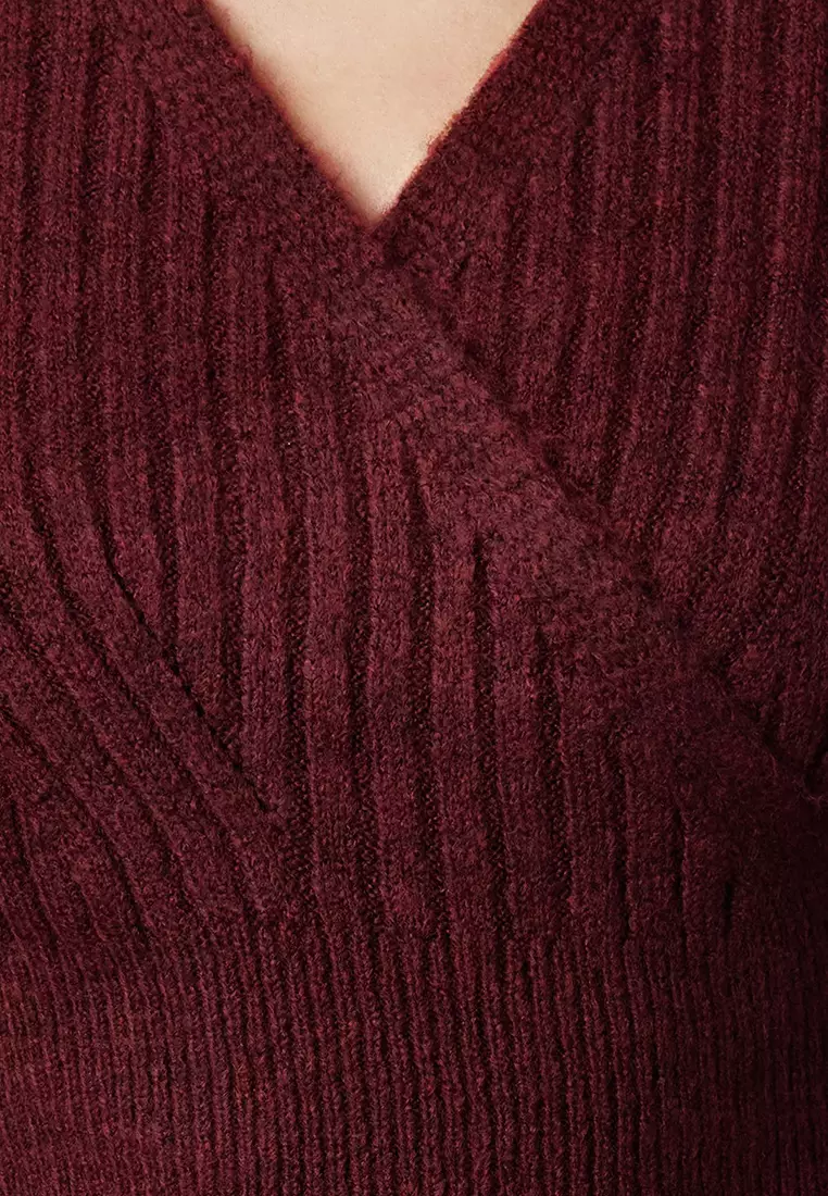 Claret Red Crop Soft Textured Double Breasted Knitwear Sweater TWOAW24KZ00381