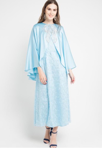 The Pink Label blue Mash Long Dress with Cape in Light Blue CFAB9AA2699B6BGS_1