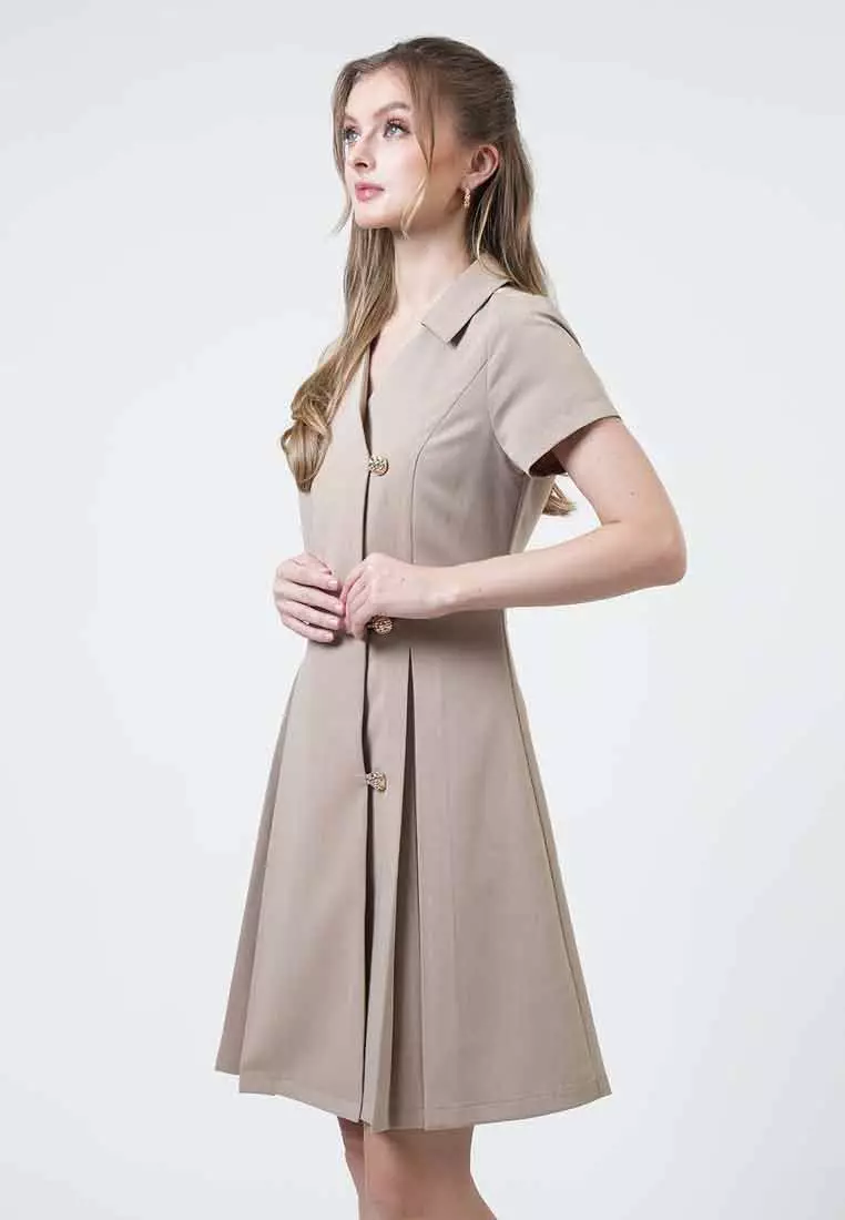 Marlowe Asymmetric Pleated Button-Front Dres