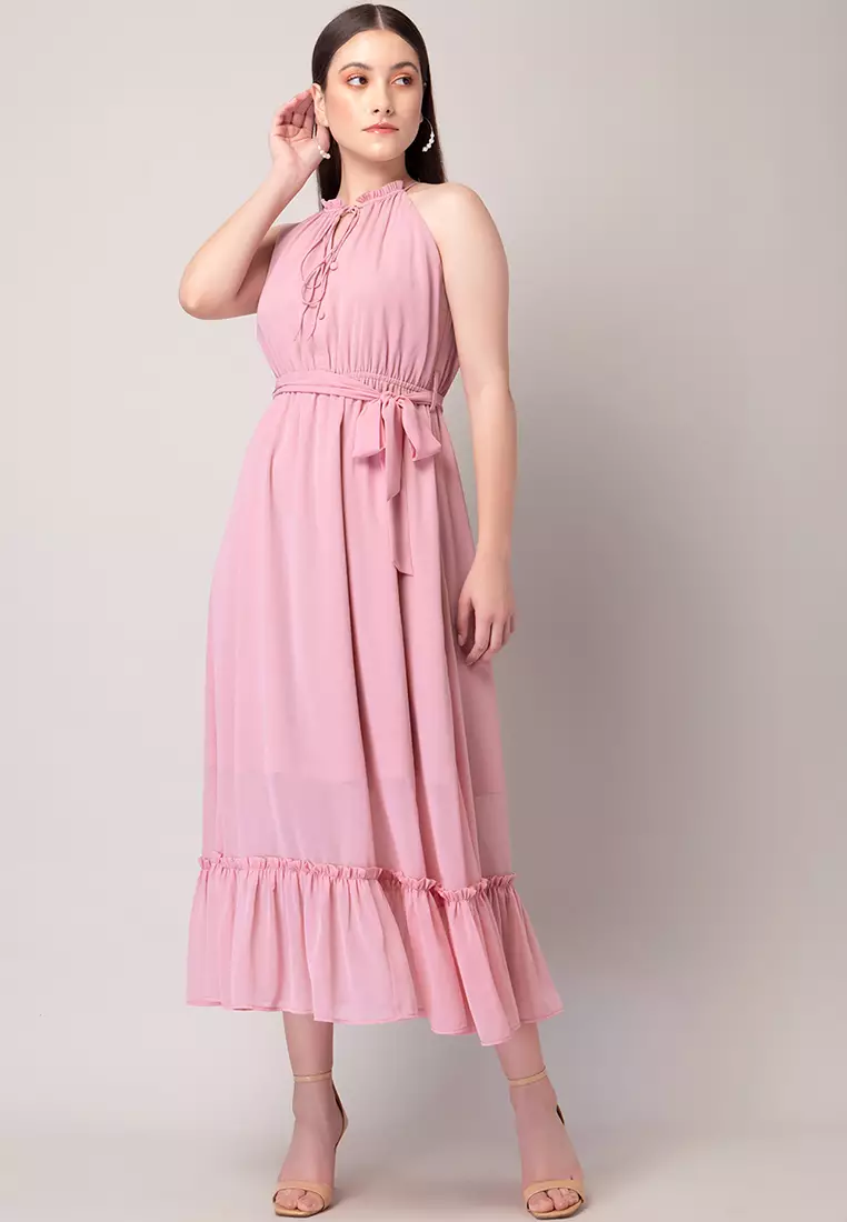 Women's Pink Halter Neck Maxi Dress With Black Bow Detail Sheer Chiffon Flowy Resort Party Dress