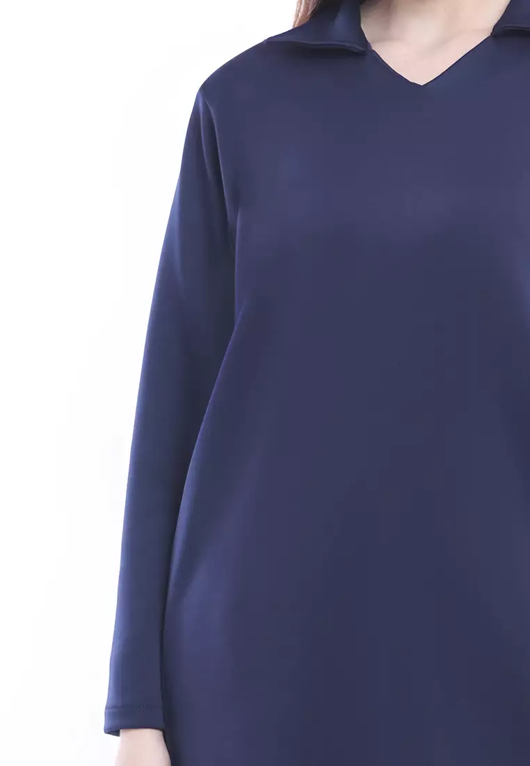 Ghea Tunik Aksen Slit Long Sleeves Basic Baju Wanita Relaxed Fit - Navy
