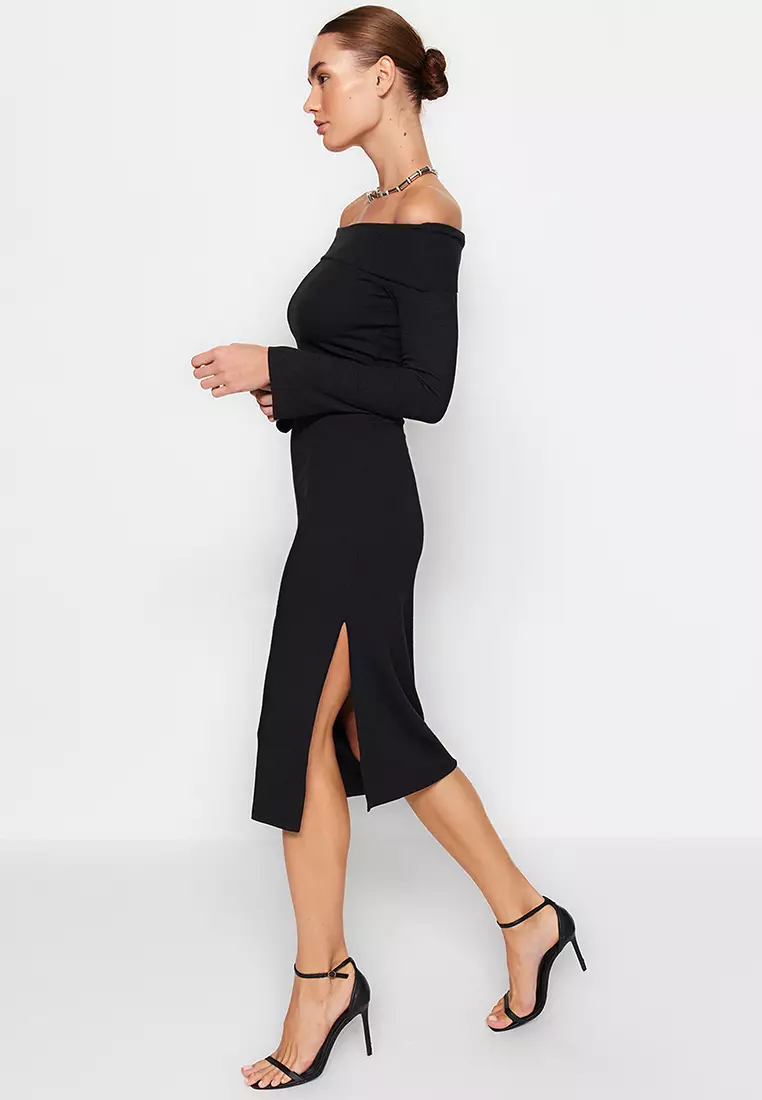 Fitted Off Shoulder Midi Dress