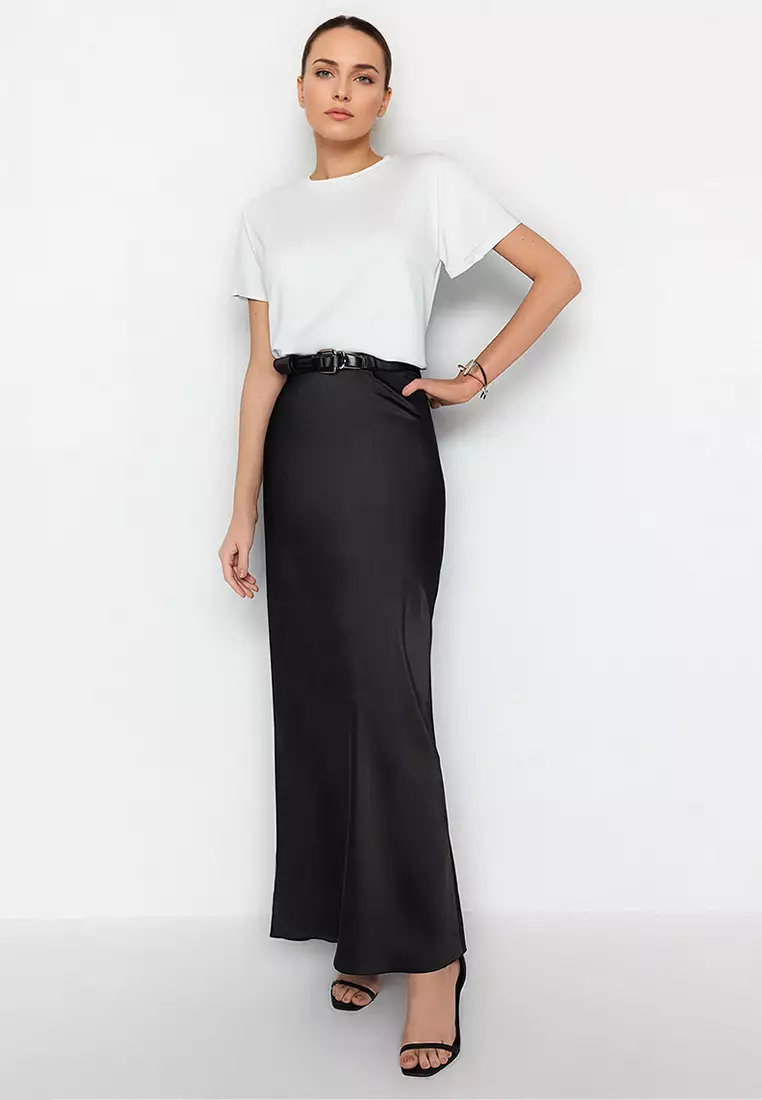 Black Woven Satin Long Skirt