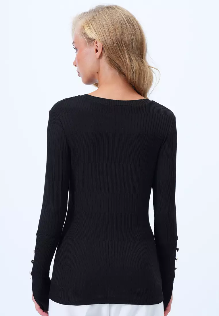 Women's Black Crew Neck Self-Patterned Button Detailed Basic Mercerized Blouse Alc-X14417