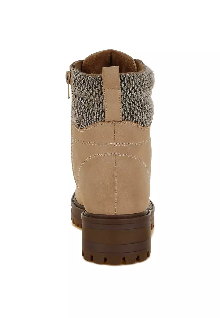 Knitted Collar Zip-Up Hiker Boots in Beige