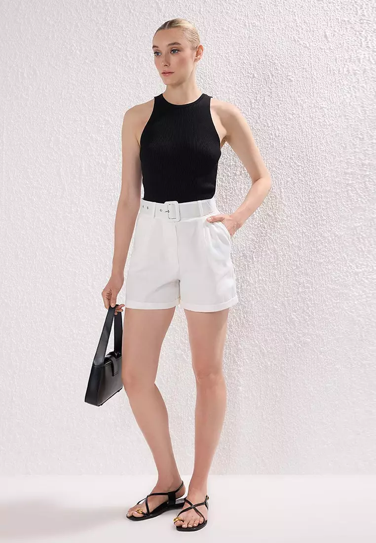 White Belted Regular Cotton Gabardine Shorts & Bermuda Twoss19Ie0002