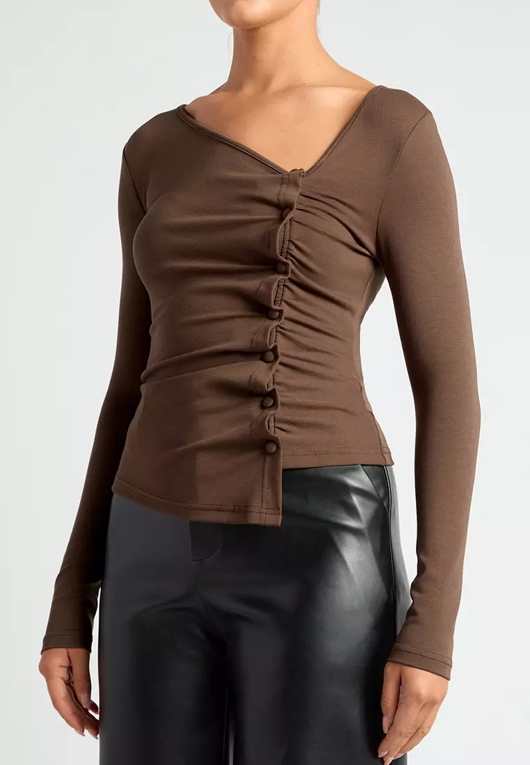 Asymmetric Neckline Jersey Top With Button
