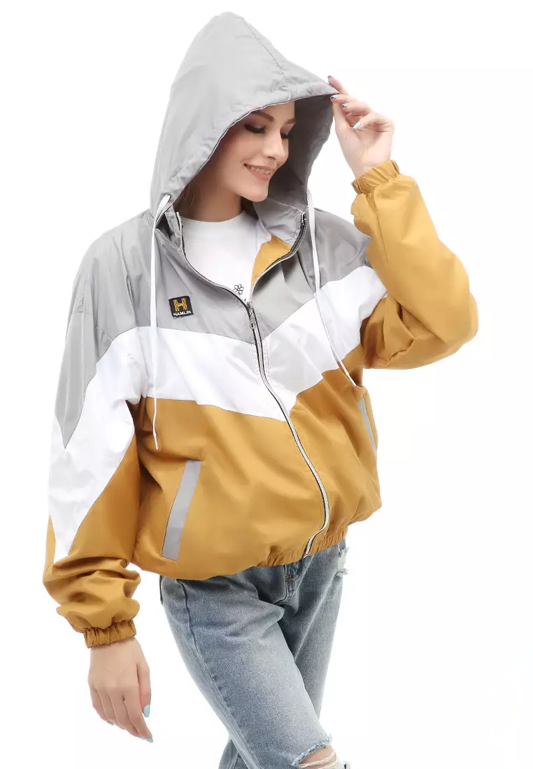 Hardwin Jacket Outer Wanita Hoodie Kombinasi 3 Warna Material Parasut Despo ORIGINAL - Gray White Yellow