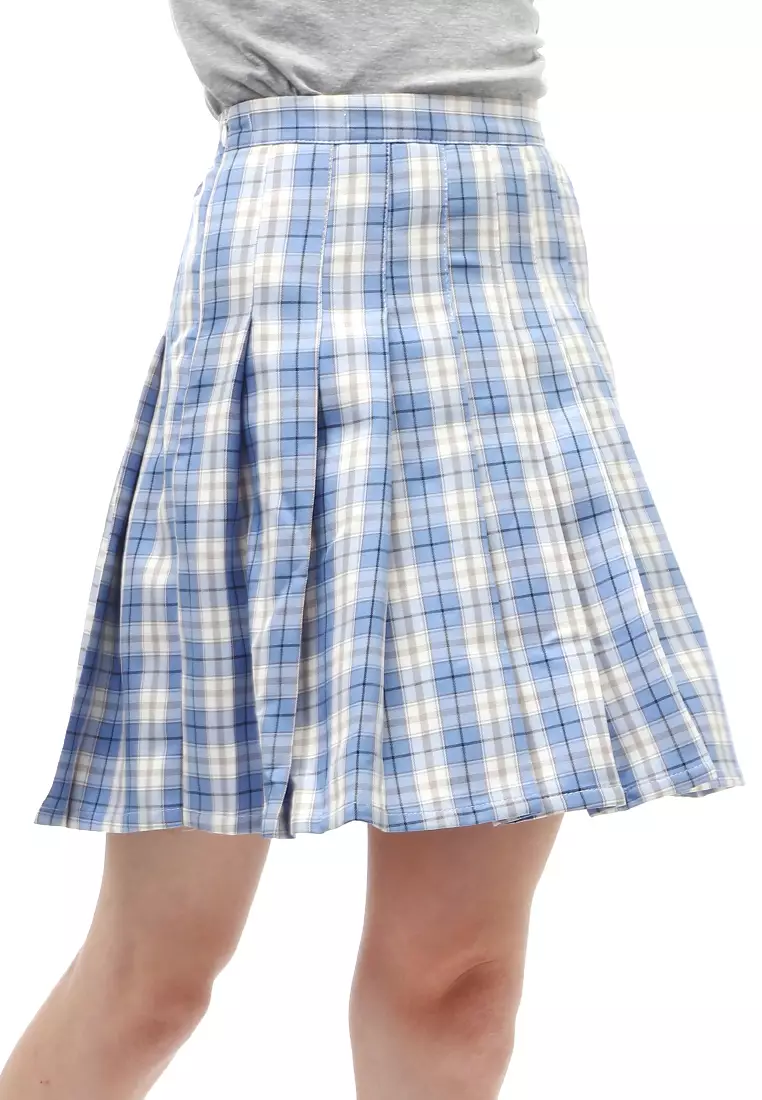 Rok Midi Wanita Motif Tartan Rubbery Waist Design Simple - Blue