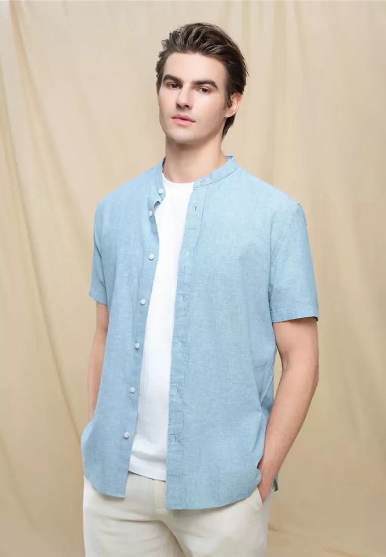 Men's Linen Cotton Slim Short Sleeve Shirt 01046214