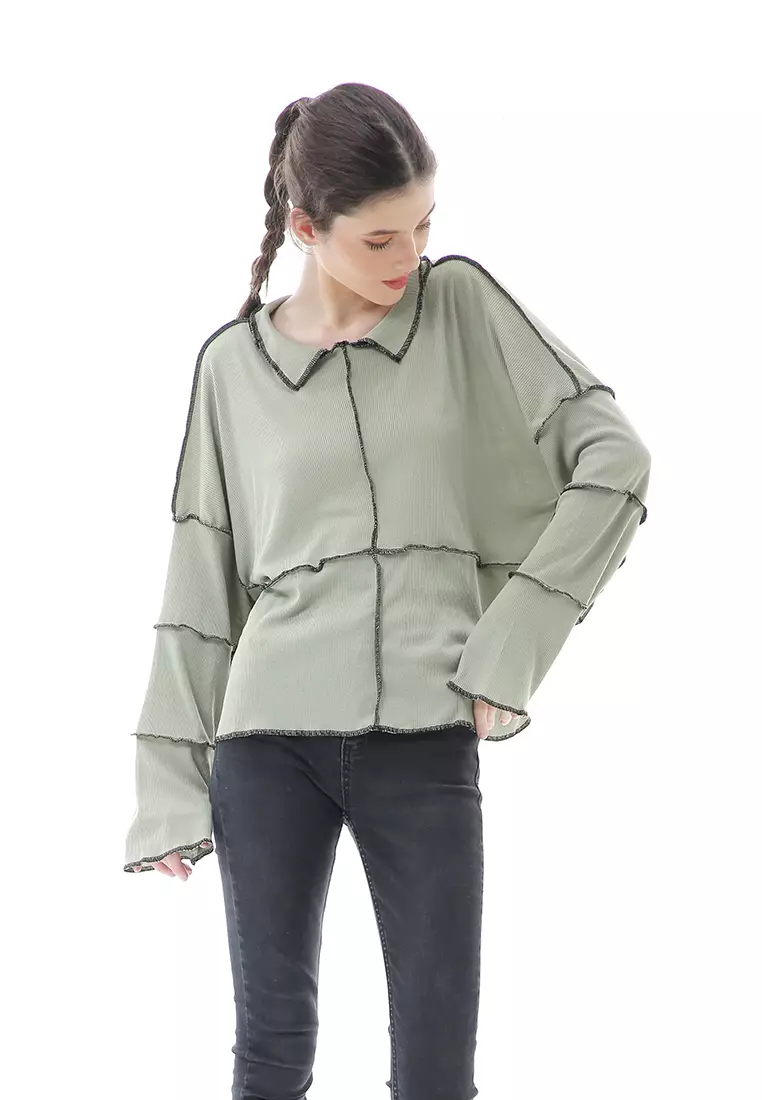 Veronica Blouse Terbalik Relaxed Motif Polos Long Sleeve Premium Quality - Mint