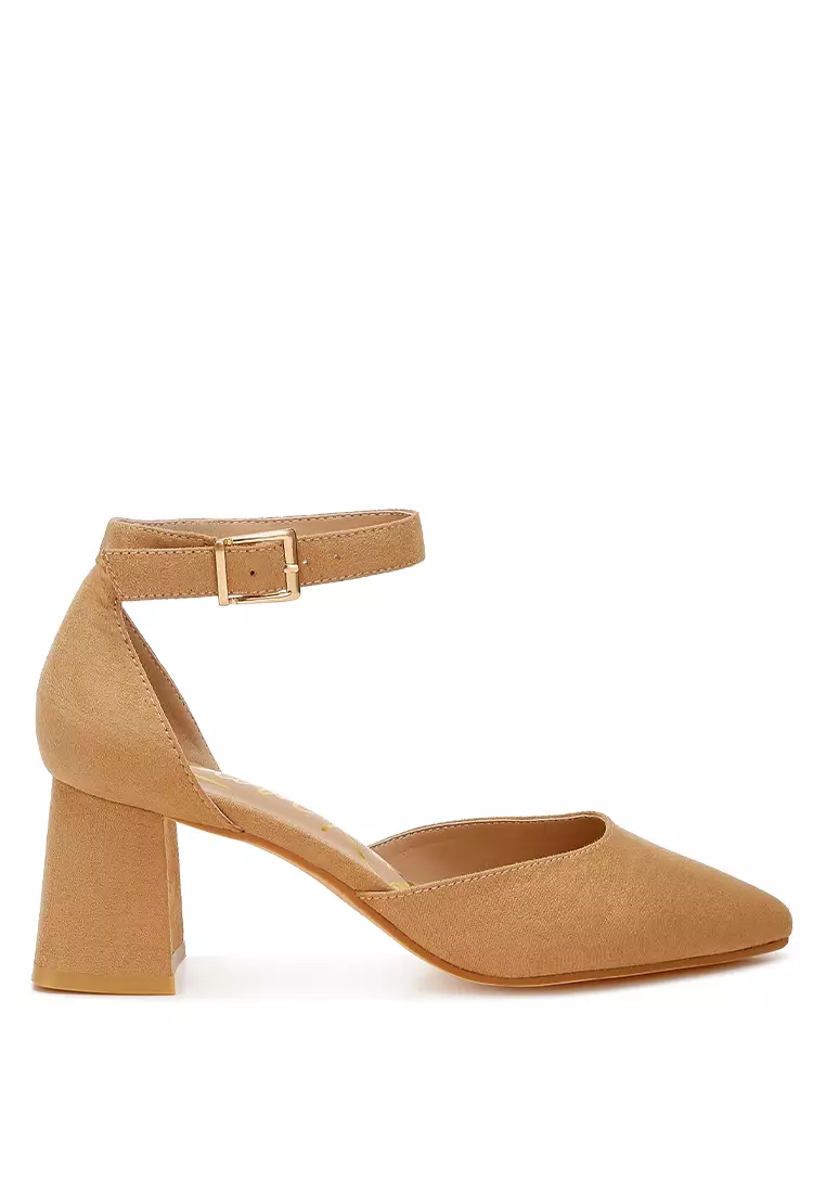 Microfiber Block Heel Sandals in Beige