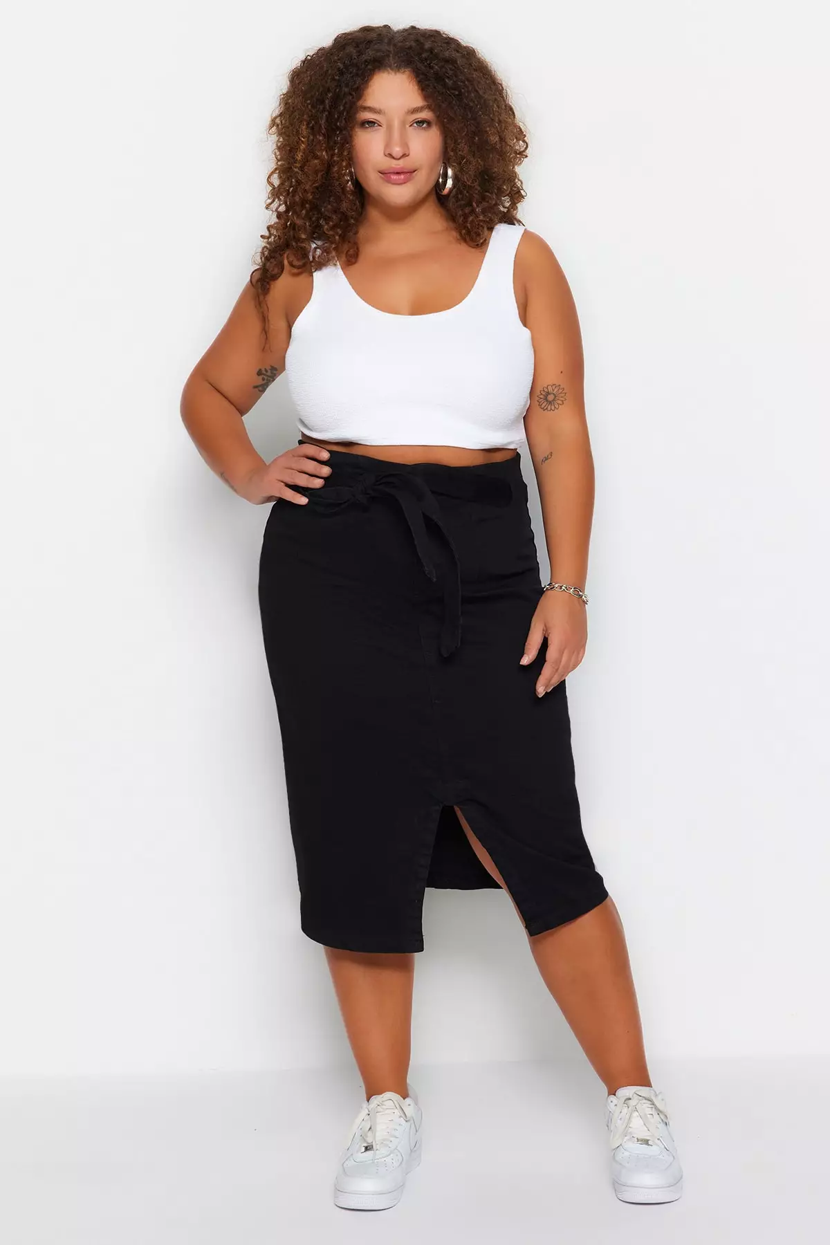Plus Size High Waist Slit Denim Midi Skirt