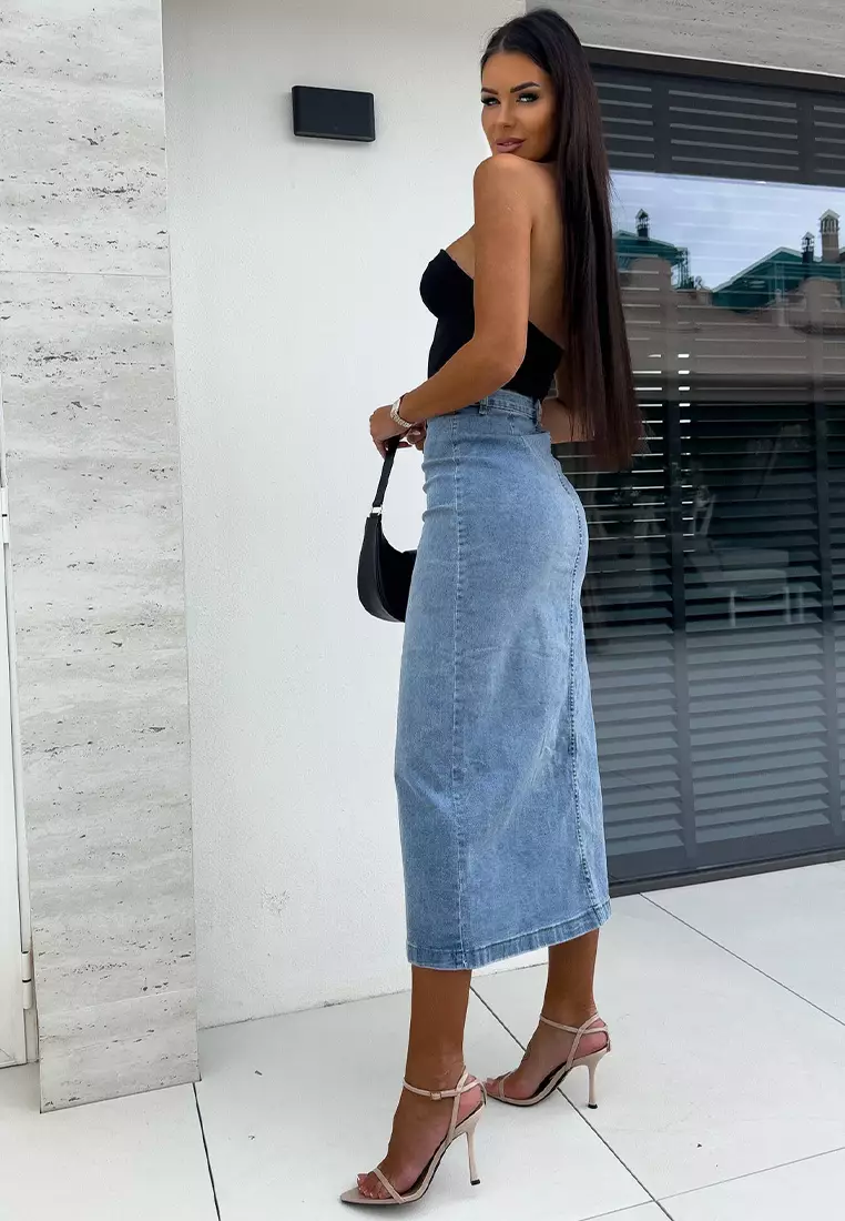 New button slim fit split half body denim skirt CA25042275LGBL