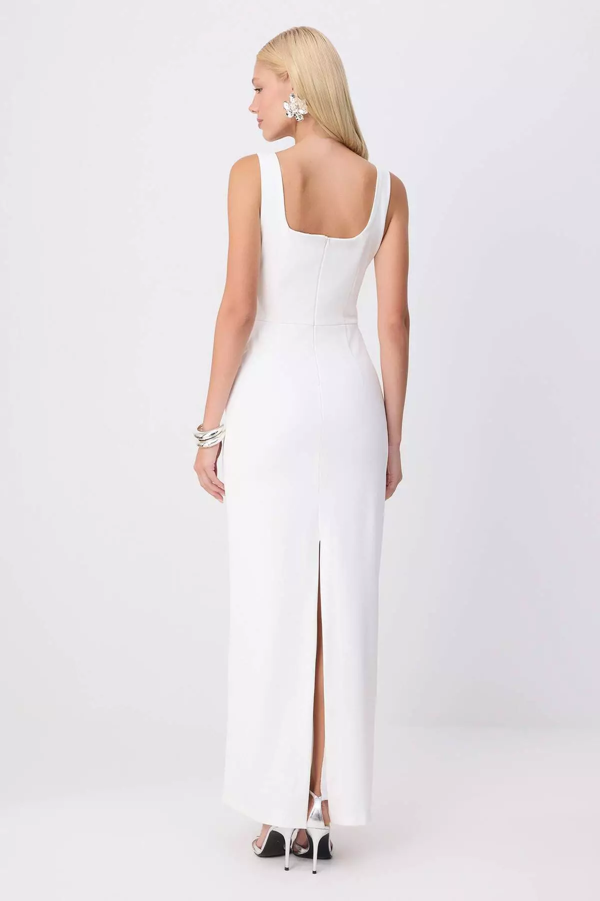 White Floral Appliqué Detailed Woven Maxi Evening Dress Night Graduation Dress Tprss25Ae00177