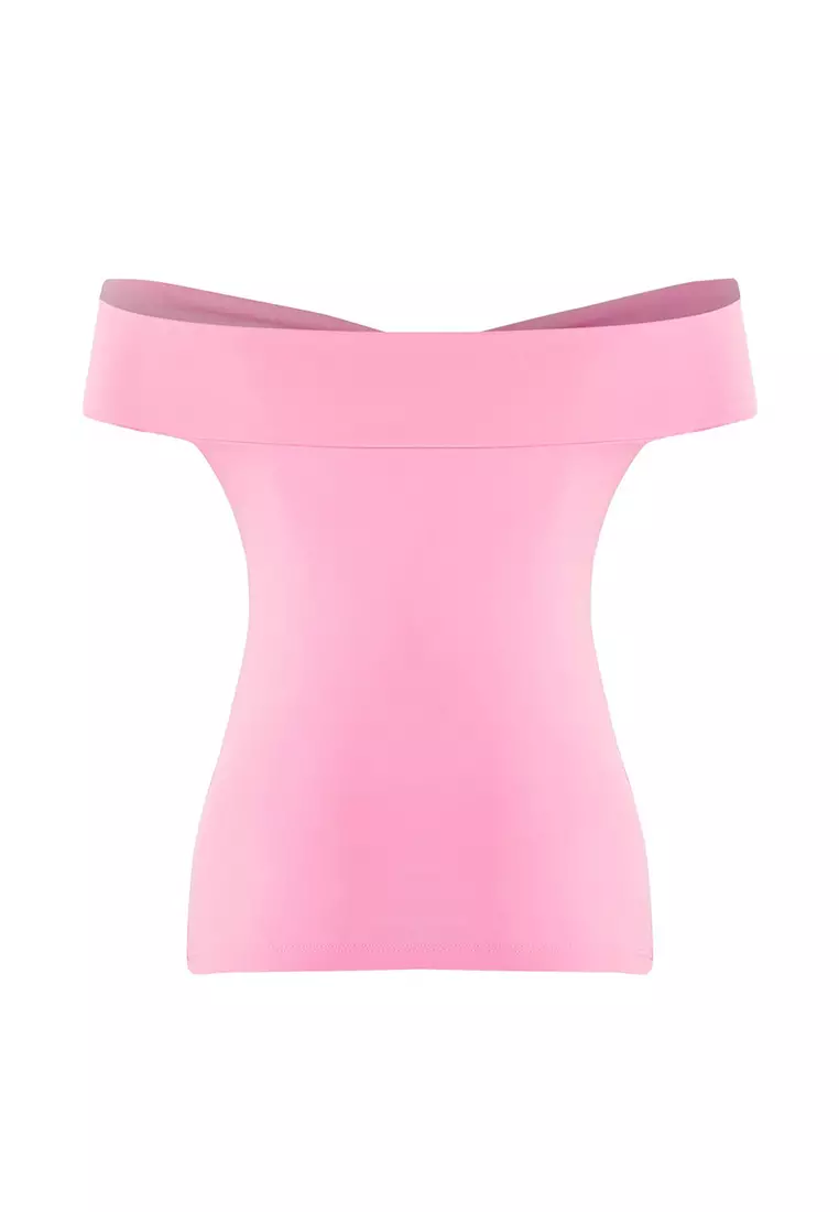 Pink Rose Detail Fitted/Fits Body Flexible Knitted Blouse Twoss25Bz00041