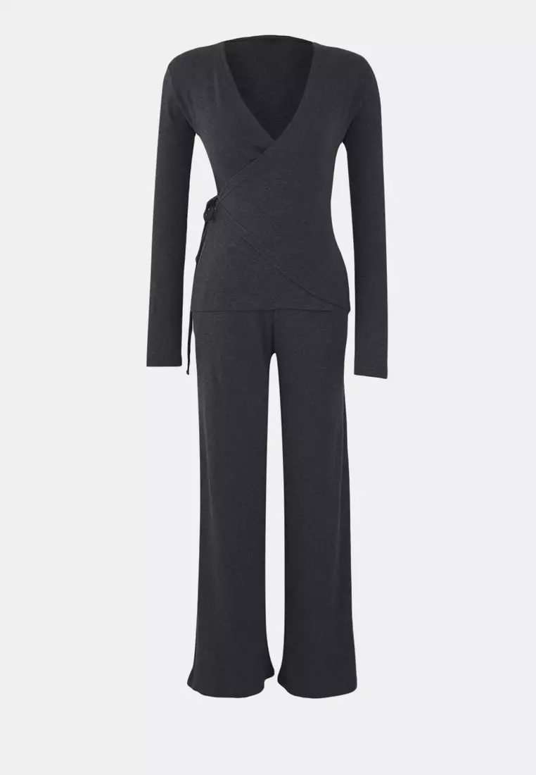Anthracite Wrap Wideleg/Wide Leg Knitted Top-Bottom Set