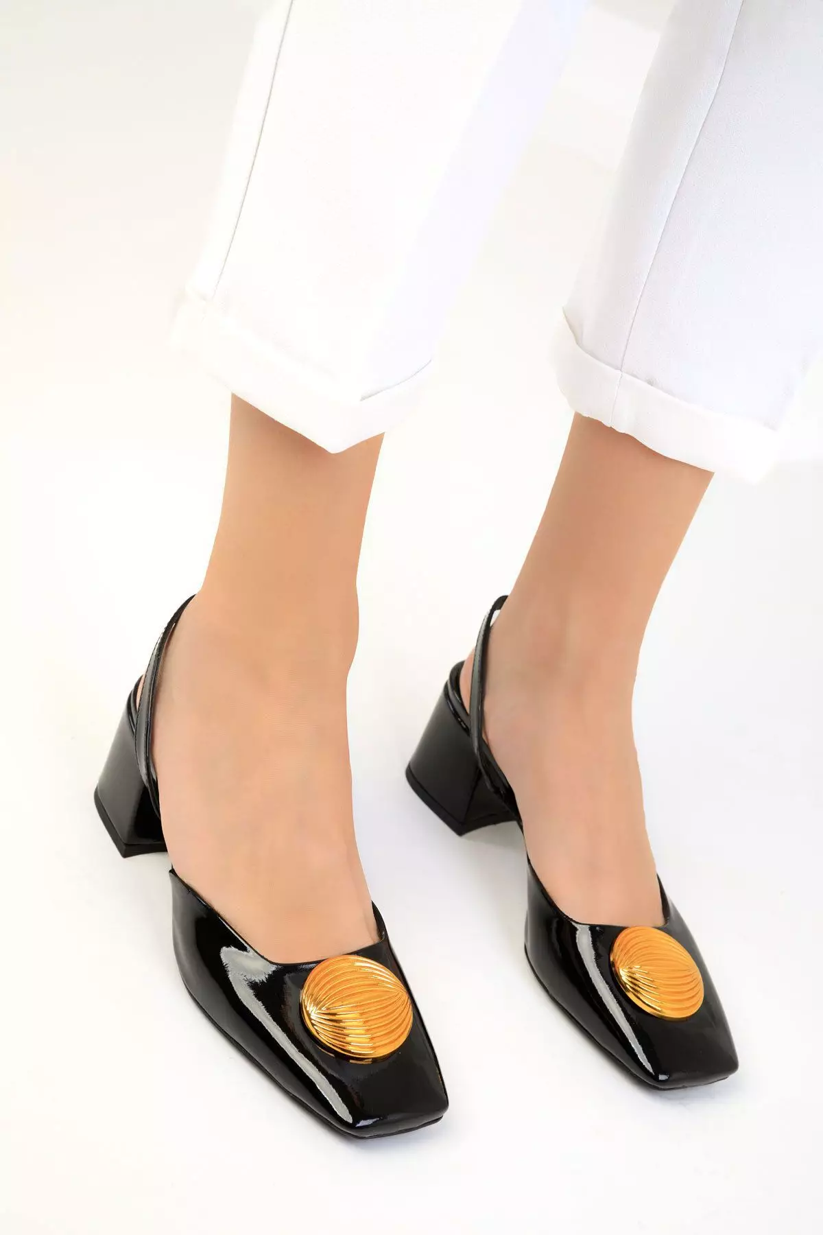 Faux Patent Leather Heels with Accessory Detail