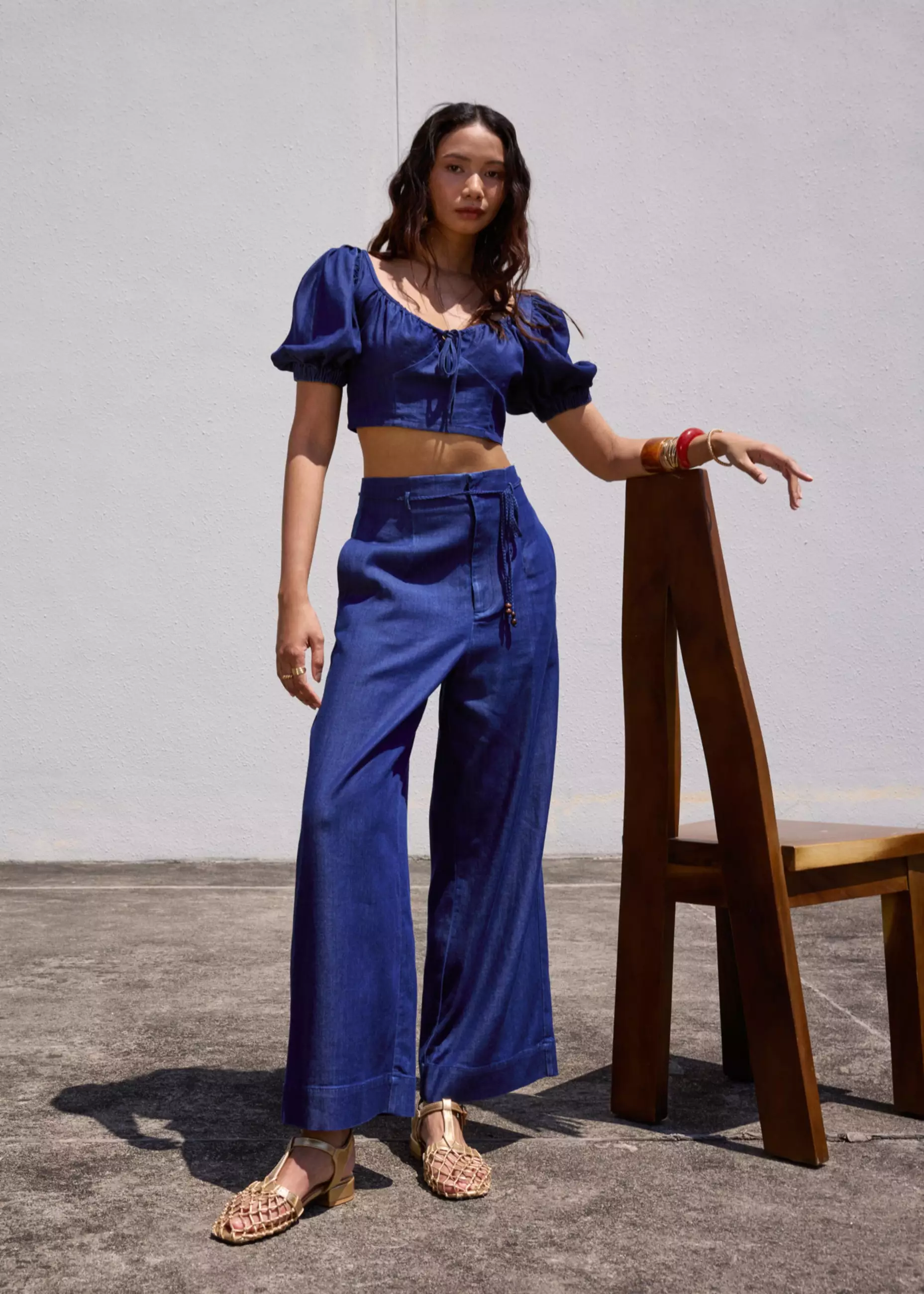 Celana Panjang Wanita - Detachable Sash Chambray Straight Leg Ankle Length Pants