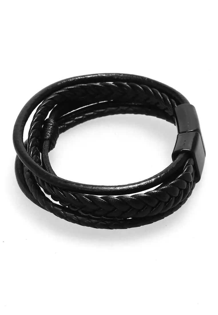 Aleda Gelang Kasual Pria Wanita Aksesoris Fashion Adjustable Desain Mix Kepang Strap Material Leather ORIGINAL - Black Solid