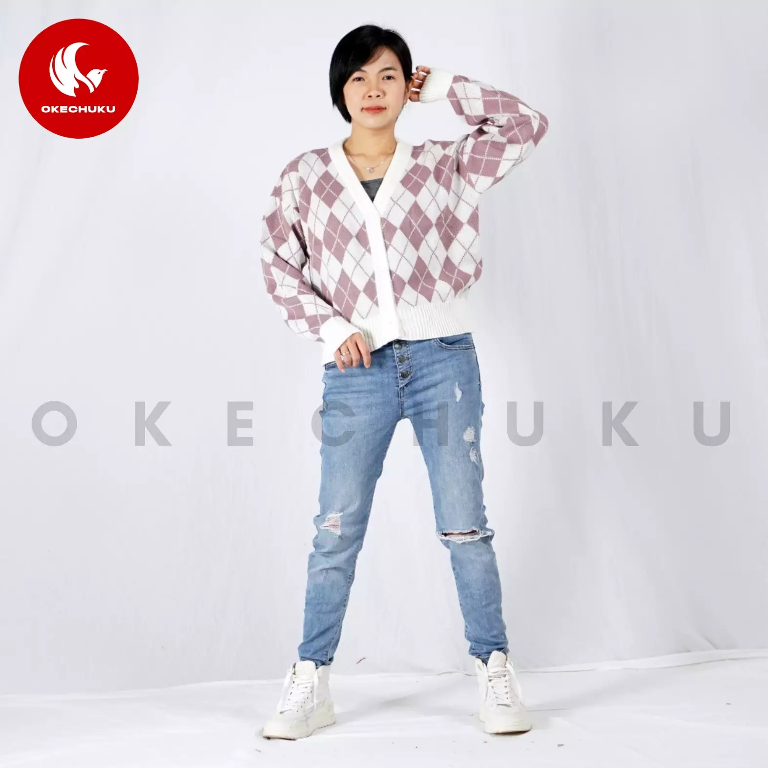 WINDY Cardigan Rajut Wanita Motif Kotak Knit Cardigan Korean Style - NILA