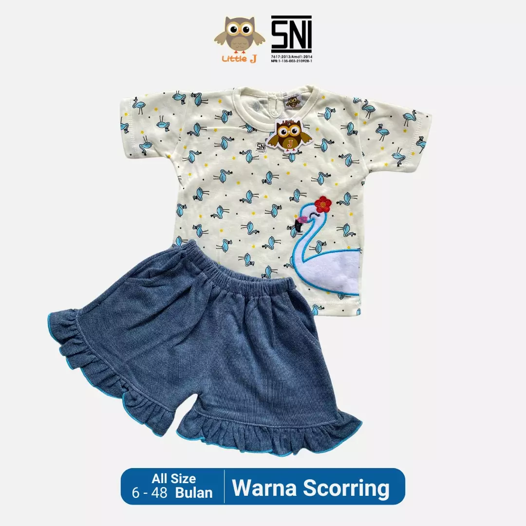 Little J Setelan Baju Anak Cewek Oblong Lengan Pendek Kaos Polos Set Celana Motif Usia 6 Bulan Hingga 48 Bulan