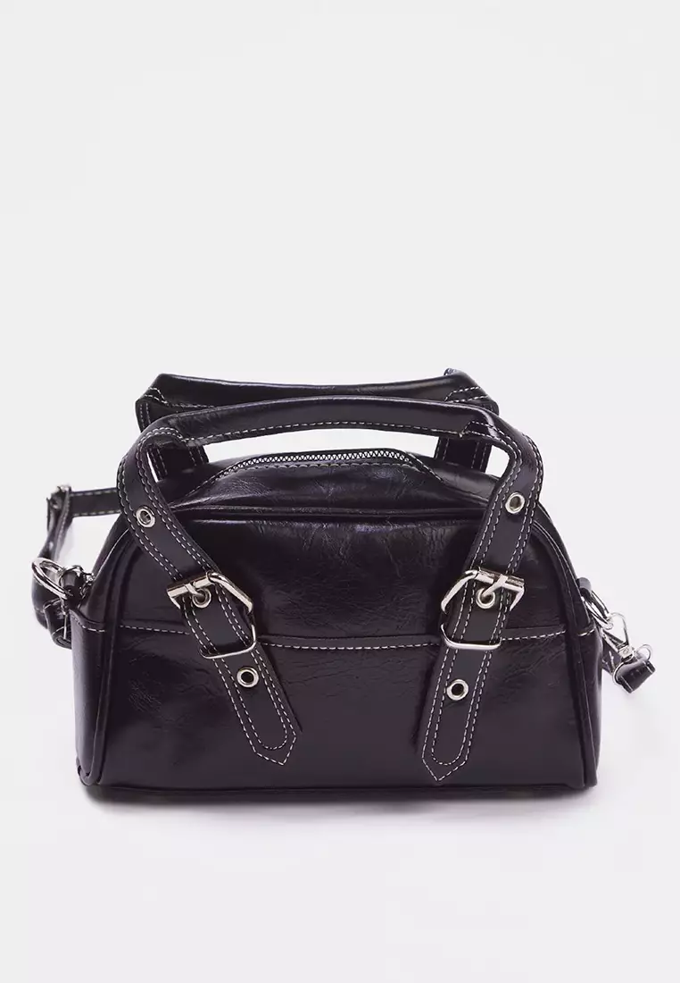 Black Contrast Stitched Women's Bowling Small Mini City Hand And Shoulder Bag
